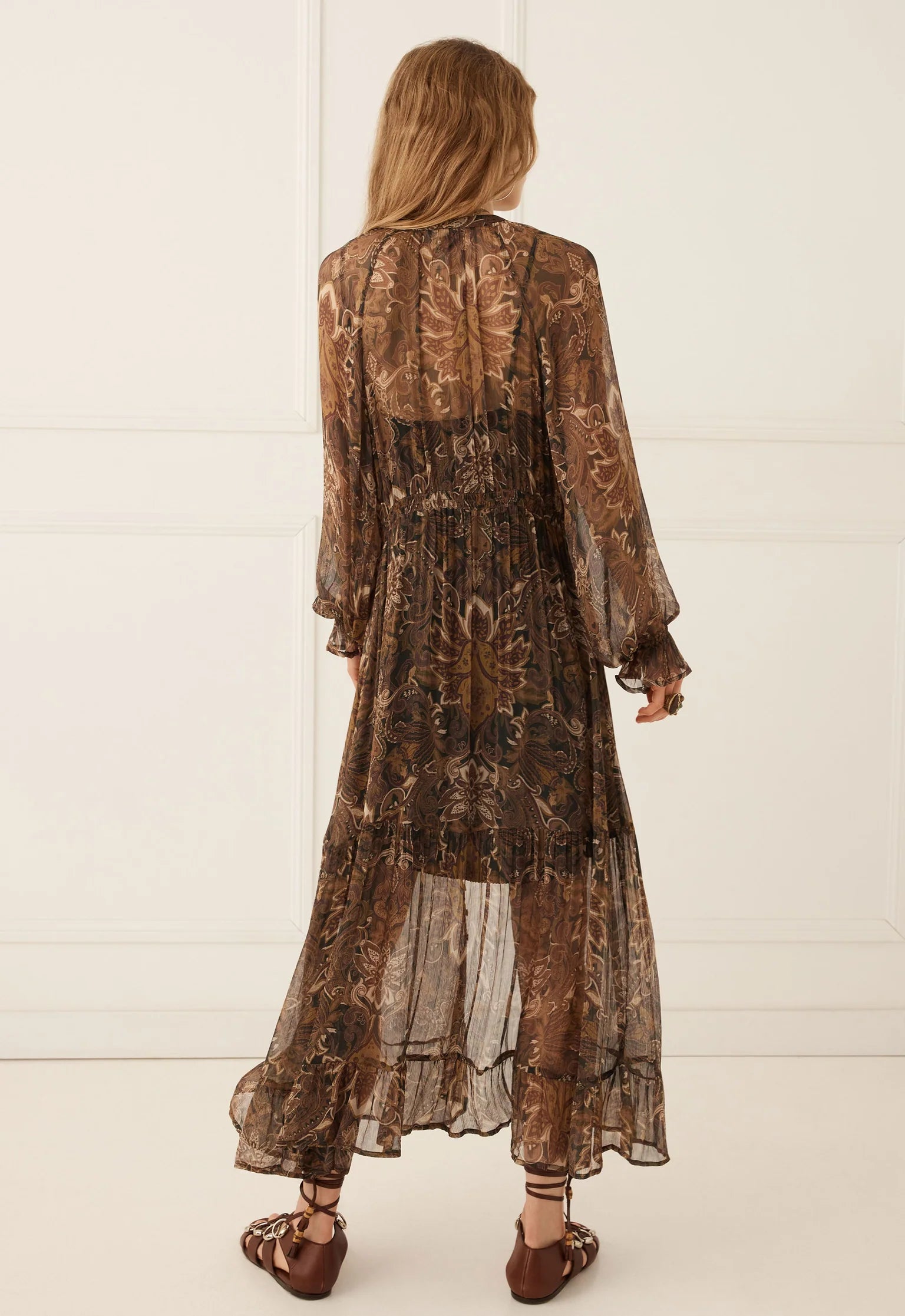 Damask Button Through Gown - Walnut Brown