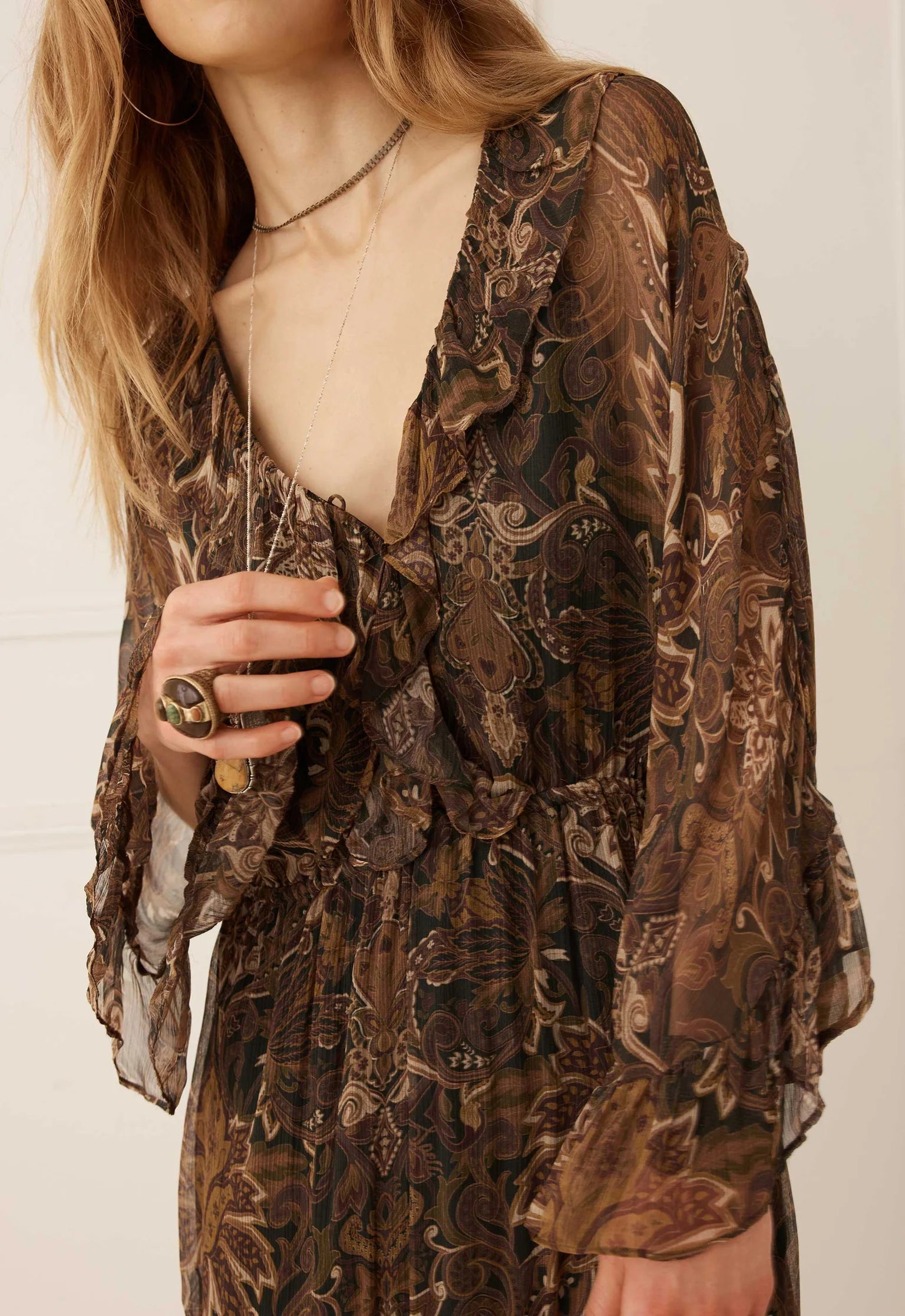Damask Tunic Mini Dress - Walnut Brown