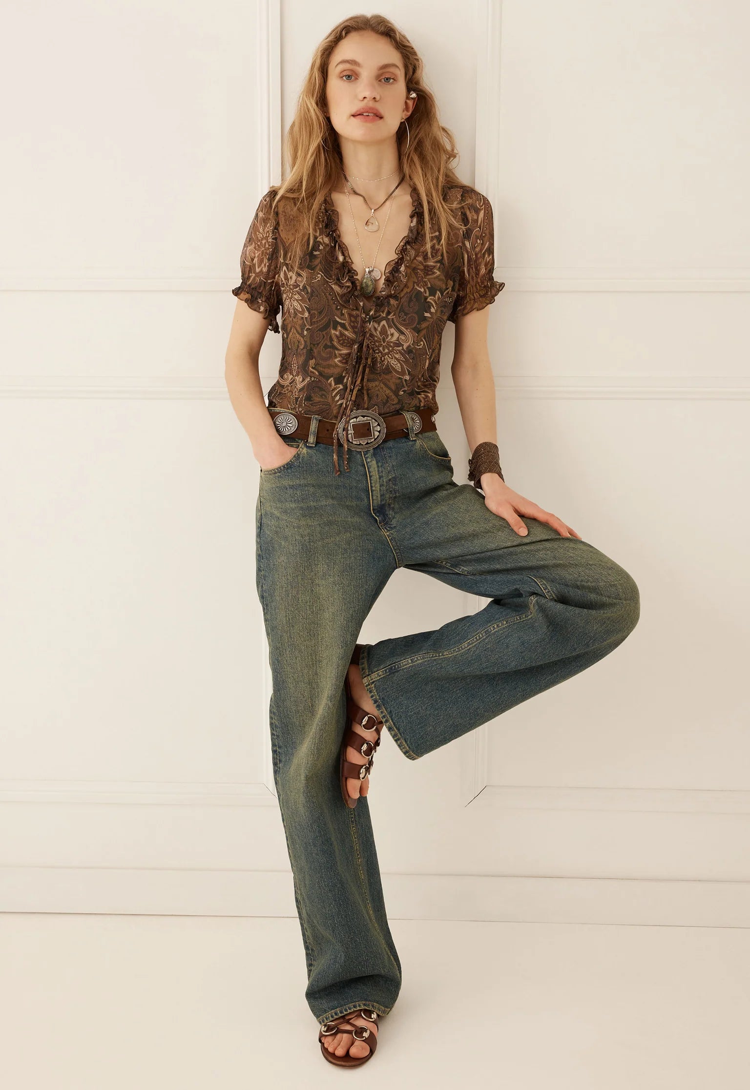 Damask Short Sleeve Blouse - Walnut Brown