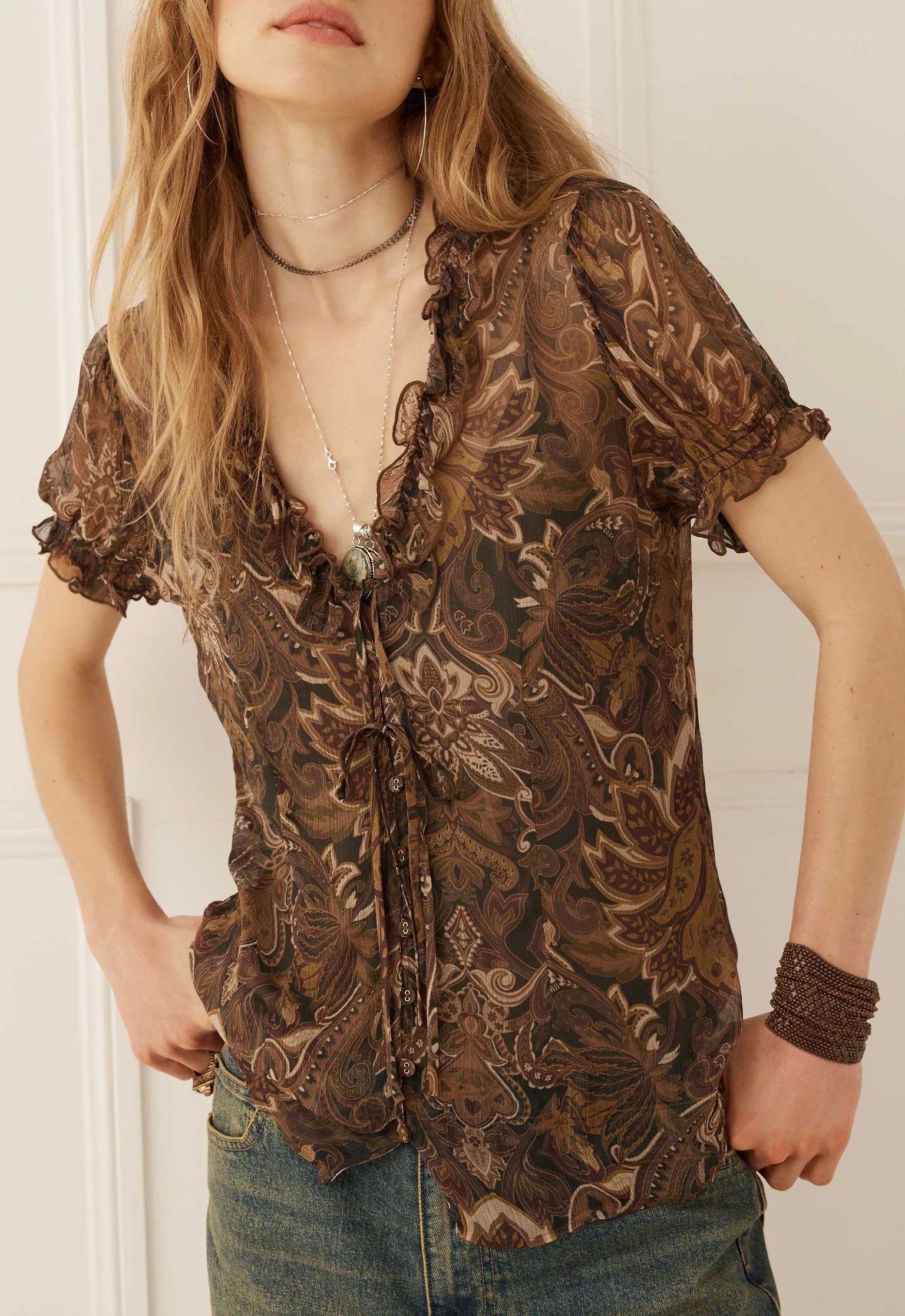 Damask Short Sleeve Blouse - Walnut Brown