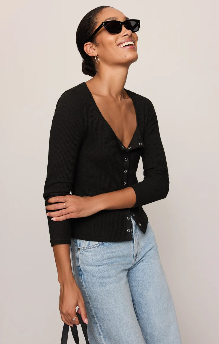 Albany Waffle Button Top - Black