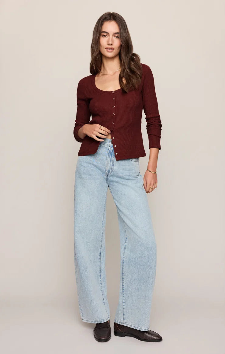 Albany Waffle Button Top - Velvet Rouge