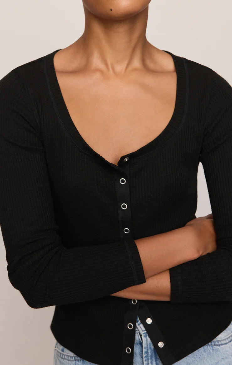 Albany Waffle Button Top - Black