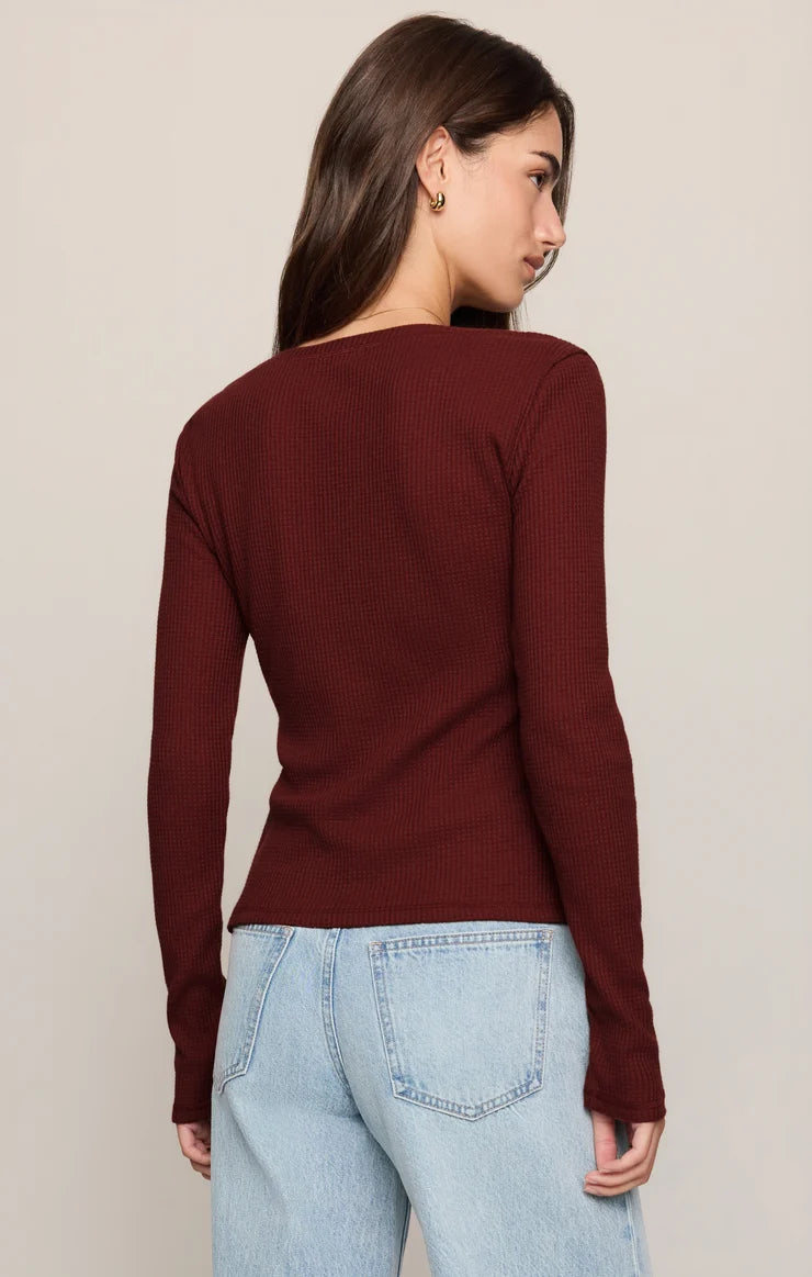 Albany Waffle Button Top - Velvet Rouge