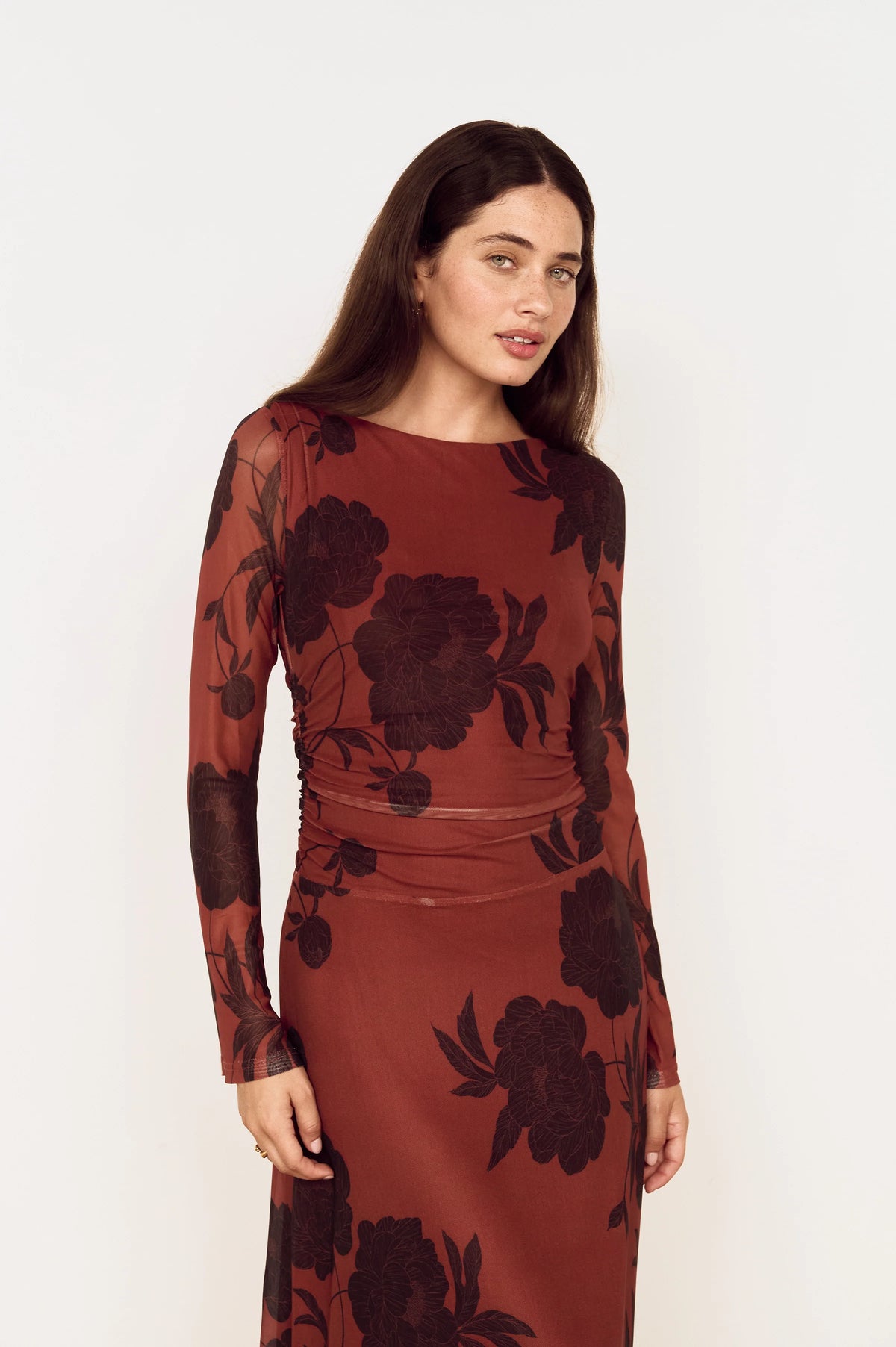 Imani Mesh Midi Dress - Rust
